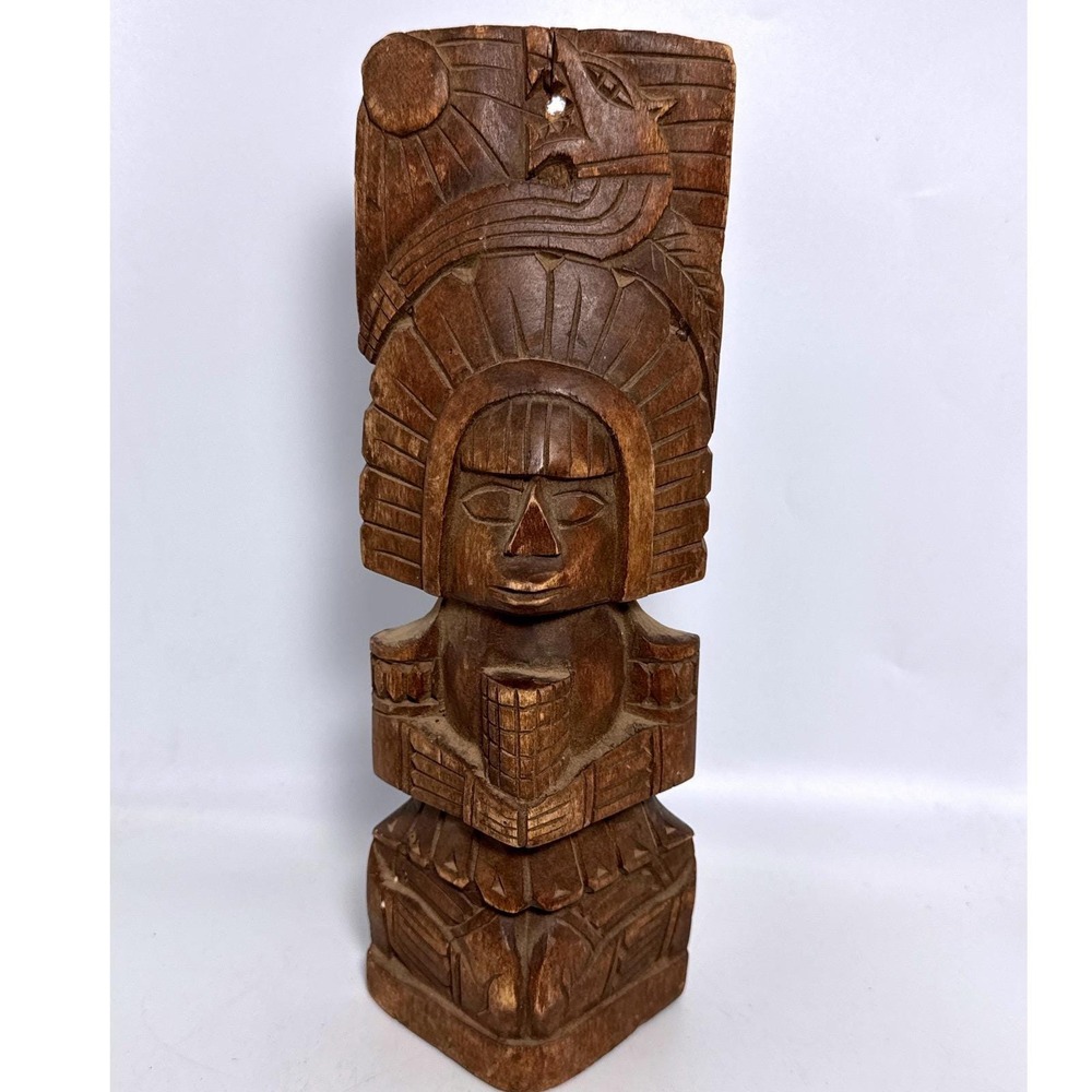 Hand Carved Wood Totem Statue Brown 10.5in Good Tribal Folk Art Decor